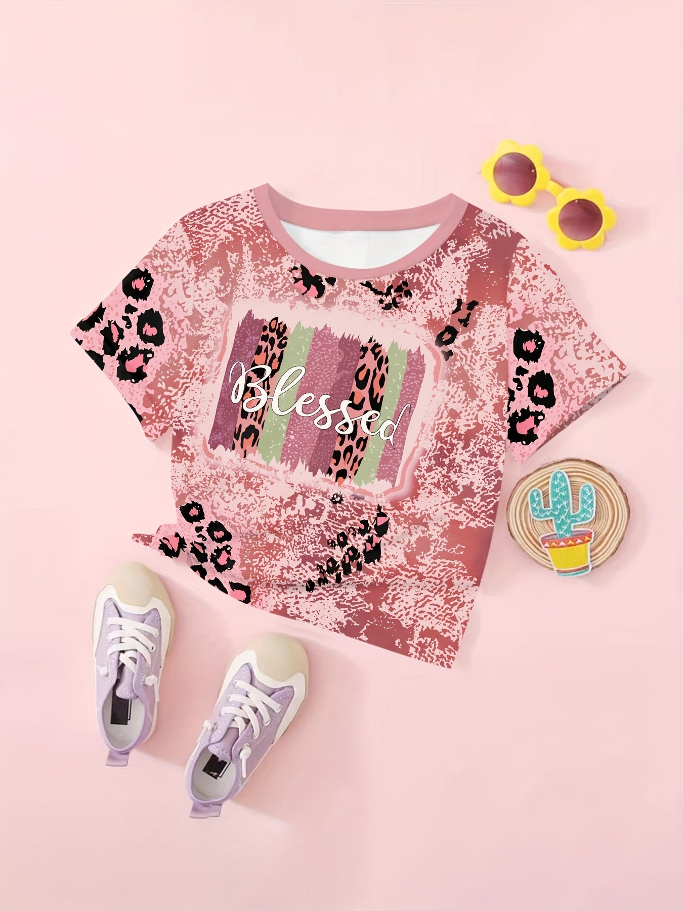 BLESSED Leopard Print Short Sleeve T-shirt Girls Summer Sports Pullover