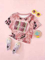 BLESSED Leopard Print Short Sleeve T-shirt Girls Summer Sports Pullover
