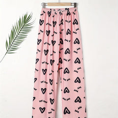 Heart Print Sleep Bottom Elastic Waistband Long Pants