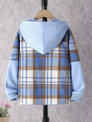 Girls' Classic Hooded Plaid Jacket Long Sleeve Button Up Outwear