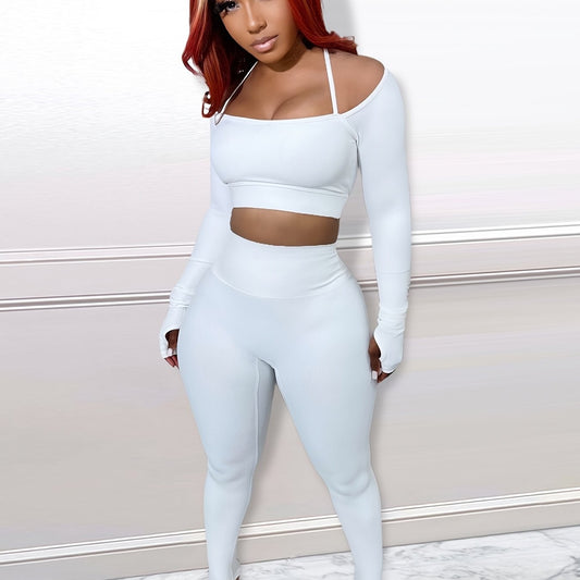 Solid Halter Neck Off Shoulder Shirt & Pencil Pants Set Plus Size