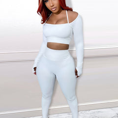 Solid Halter Neck Off Shoulder Shirt & Pencil Pants Set Plus Size