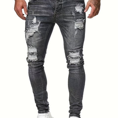 Men's Slim Fit Ripped Cotton Jeans - Street Style Distressed Denim Pants