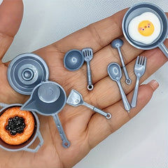 10pcs Dollhouse Mini Kitchen Cookware Set - Stovetop Pots and Pans 1:12 Scale