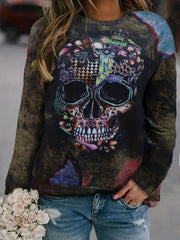 Gothic Skull Print Sweatshirt Crew Neck For Fall & Winter Women's Clothing