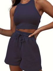2pcs Waffle Casual Sports Sets Crew Neck Crop Top & Drawstring