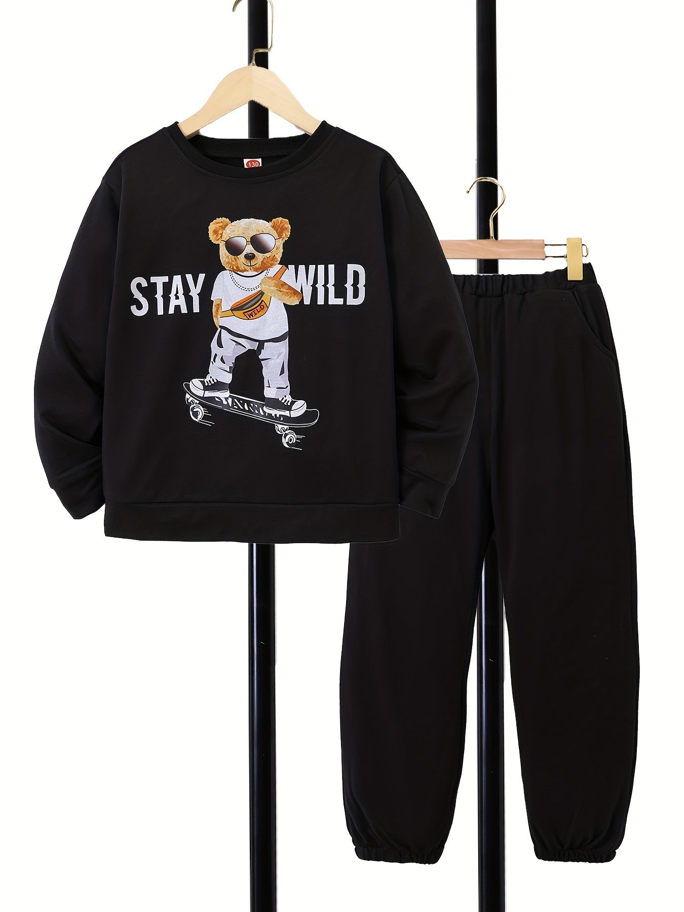 Boy's 2pcs Skateboard Bear STAY WILD Sweatshirt & Sweatpants Set