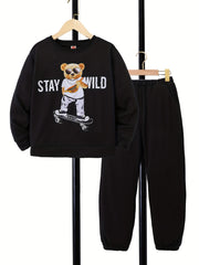 Boy's 2pcs Skateboard Bear STAY WILD Sweatshirt & Sweatpants Set