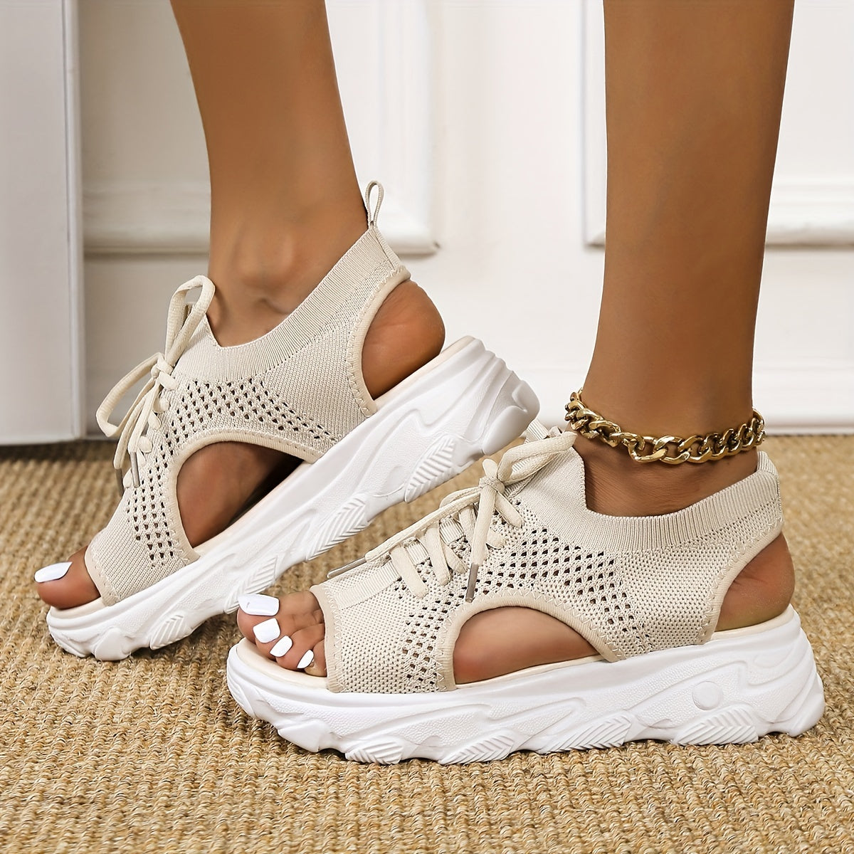 Women's Knit Sport Sandals Peep Toe Lace Up Platform Casual Slingback Outdoor