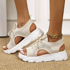 Women's Knit Sport Sandals Peep Toe Lace Up Platform Casual Slingback Outdoor