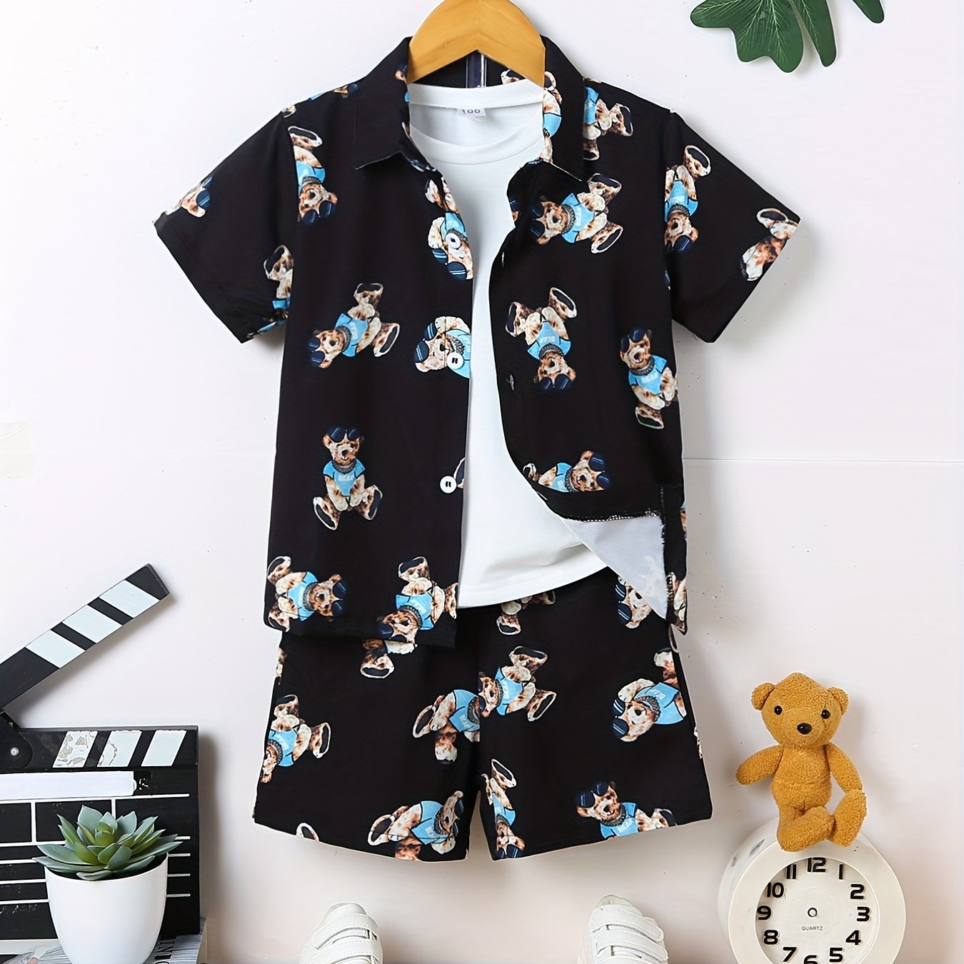 2pcs Boys Bear Print Short Sleeves Shirt & Shorts Set