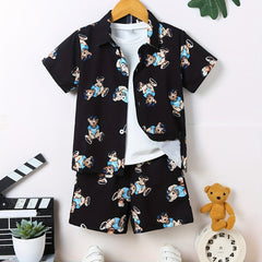 2pcs Boys Bear Print Short Sleeves Shirt & Shorts Set
