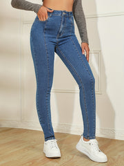 Solid Pintuck Tapered Jeans High Rise Slash Pocket Denim Pants