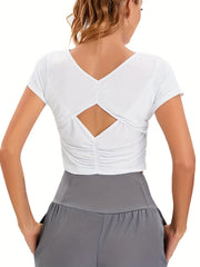 Solid Argyle Pleated Yoga Top with Hollow Back