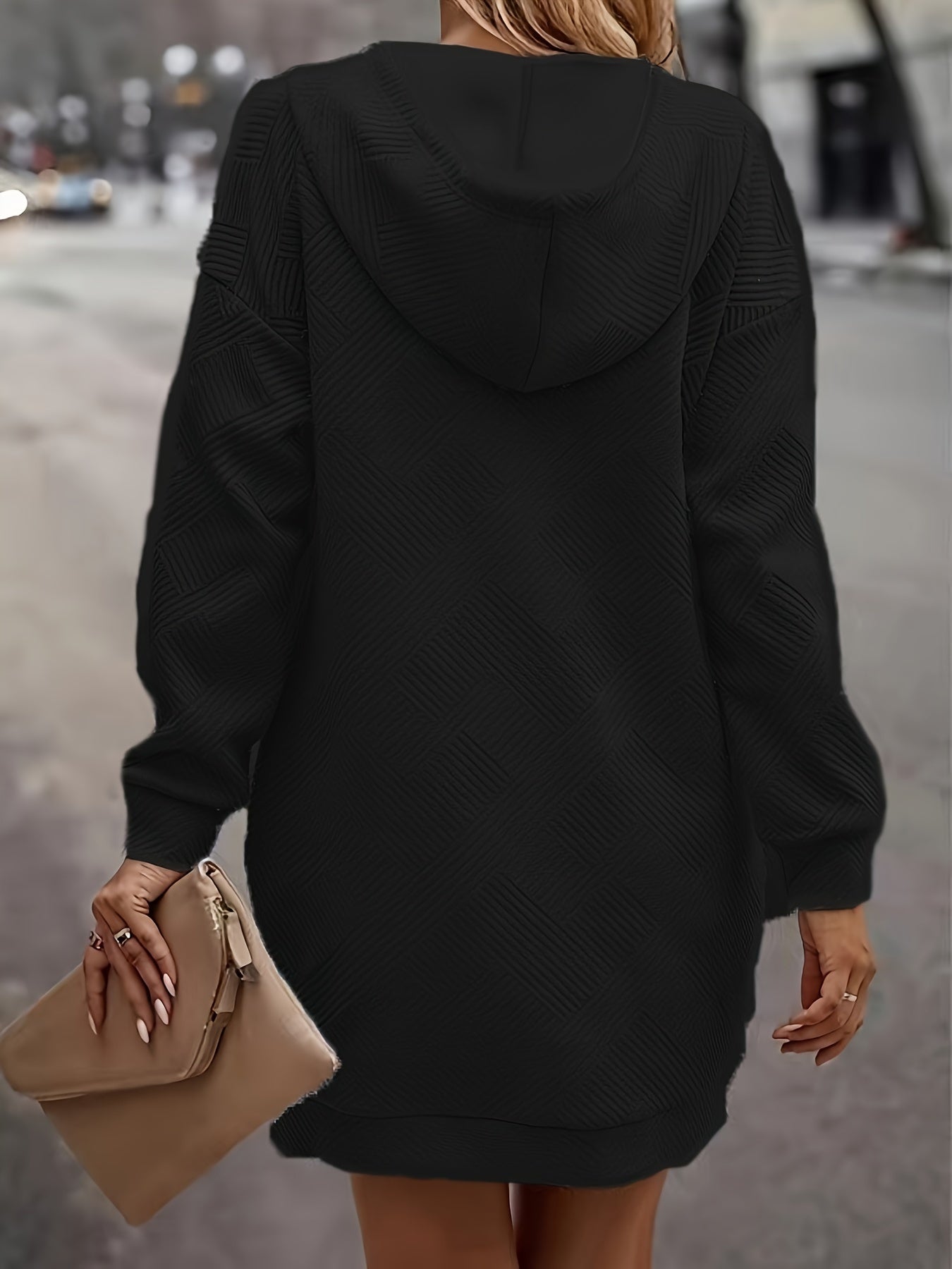 Solid Jacquard Hoodie Sweatshirt Dress