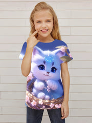 3D Kitten Graphic Short Sleeve T shirt For Girls Summer Sports