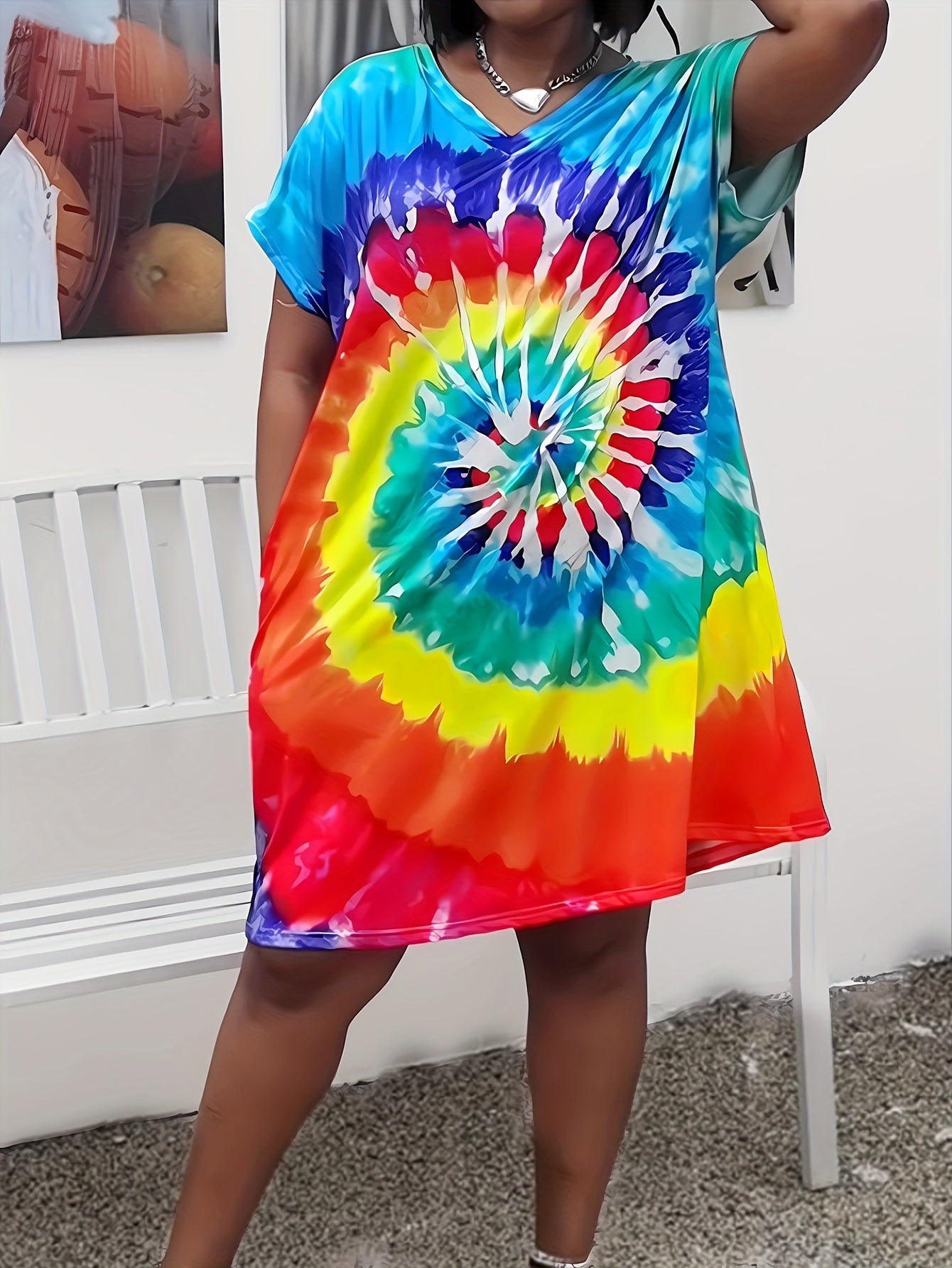 Women's Plus Tie Dye Short Sleeve V Neck Stretch Dress With Pockets
