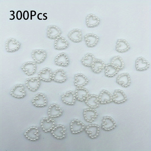 300Pcs Colorful Hollow Pearly Heart Pearl Nail Charm Acrylic Heart Decoration
