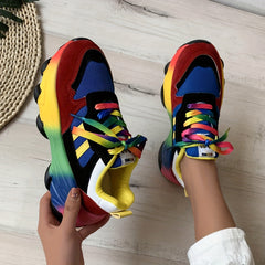 Women's Rainbow Chunky Sneakers Lace-Up Low Top Sports Shoes