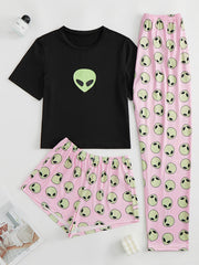 Alien Print Pajama Set Short Sleeve T shirt & Shorts & Pants