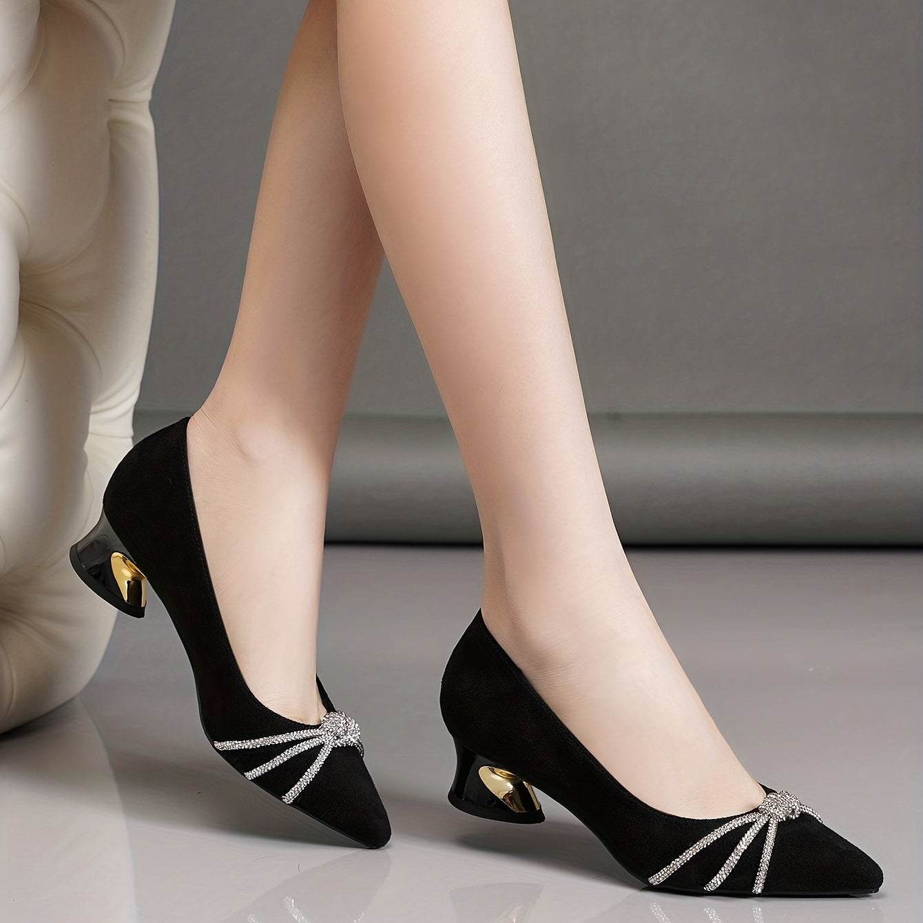 Rhinestone Knot Chunky Heel Point Toe Pumps