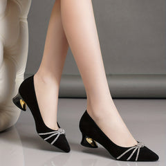 Rhinestone Knot Chunky Heel Point Toe Pumps