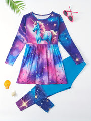 2pcs Unicorn Print Outfits Crew Neck Long Sleeve Top Pants Set