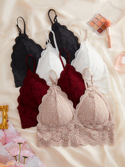 4pcs Lace Wireless Bras Comfy Scallop Trim Bra Women's Lingerie
