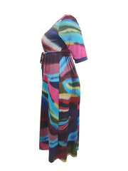 Women's Plus Ombre Print Half Sleeve Maxi Dress With Belt