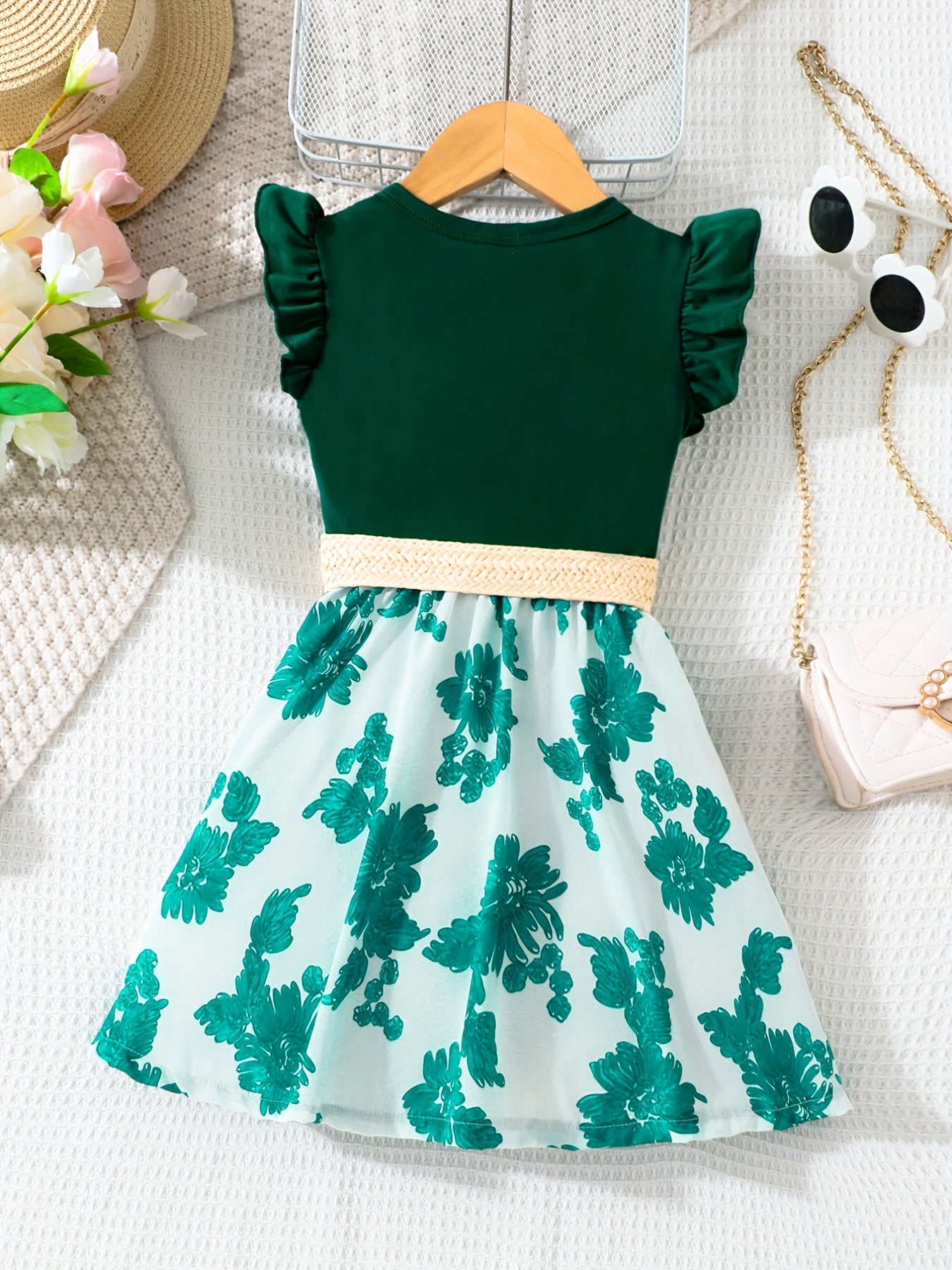 Kid's Floral Print Flutter Sleeve Dress with Belt