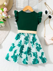 Kid's Floral Print Flutter Sleeve Dress with Belt