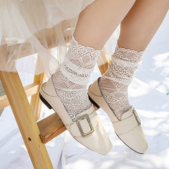 Floral Lace Mesh Ruffle Trim Slouch Socks Women's Stockings