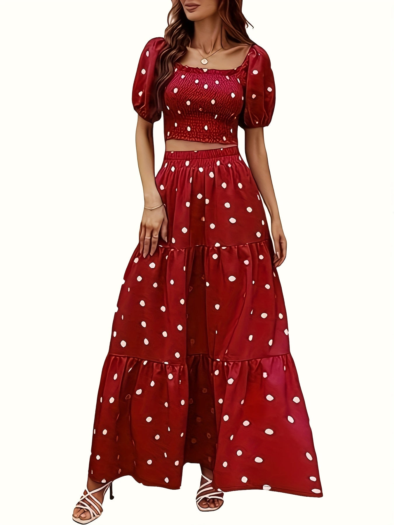 Polka Dot Print Shirred Puff Sleeve Square Neck Crop Top & Skirt Set