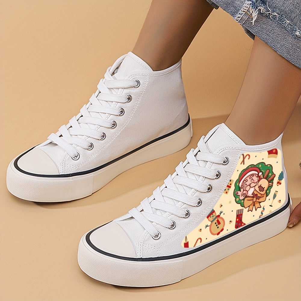Santa Print Chunky Canvas Sneakers High Top Skate Shoes