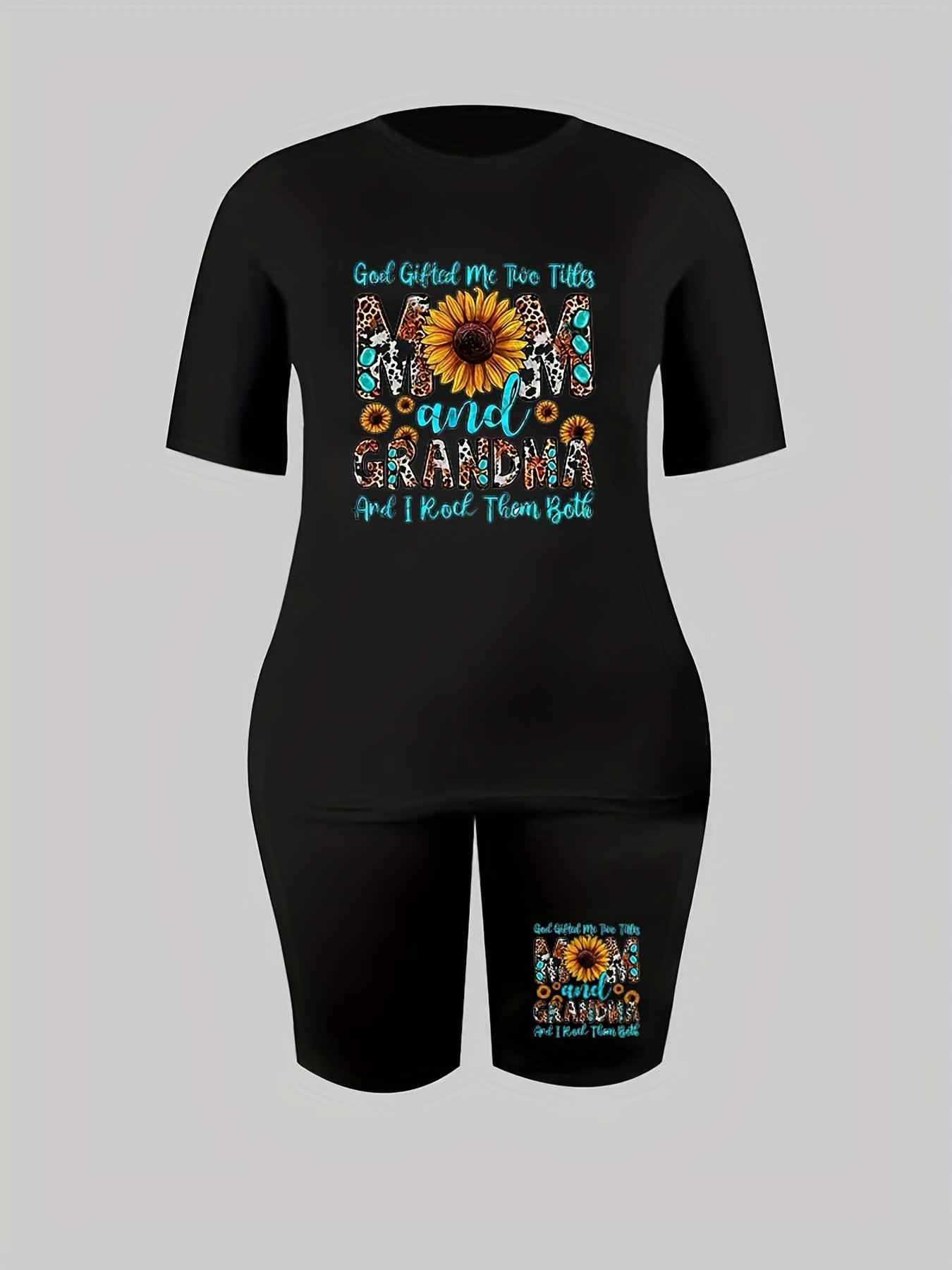 Women's Plus Sunflower & Slogan Print Top & Shorts Set