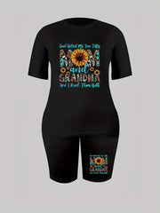 Women's Plus Sunflower & Slogan Print Top & Shorts Set