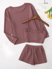 Waffle Loungewear Set: Top, Cami, Shorts
