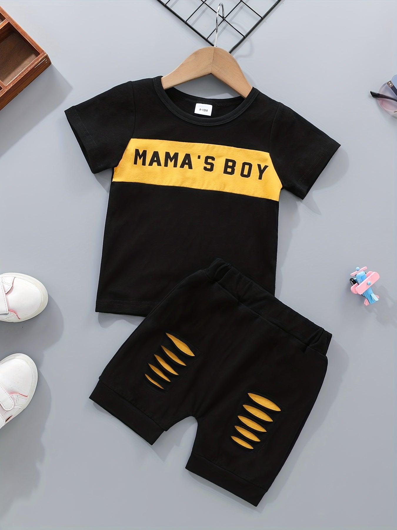 2pcs Baby Boys Casual T-shirt & Ripped Shorts Set Clothes