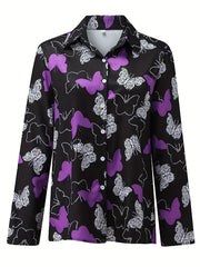 Butterfly Print Plus Size Button Up Blouse