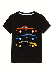 Boys Cartoon Race Car Print Cotton Short Sleeve Tops T Shirt