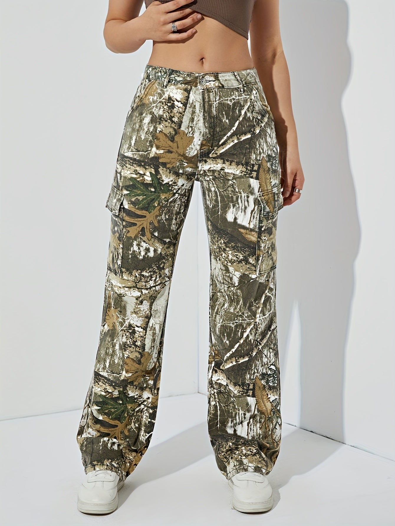 Leaf Print High Waist Cargo Pants Women's Jeans