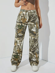 Leaf Print High Waist Cargo Pants Women's Jeans