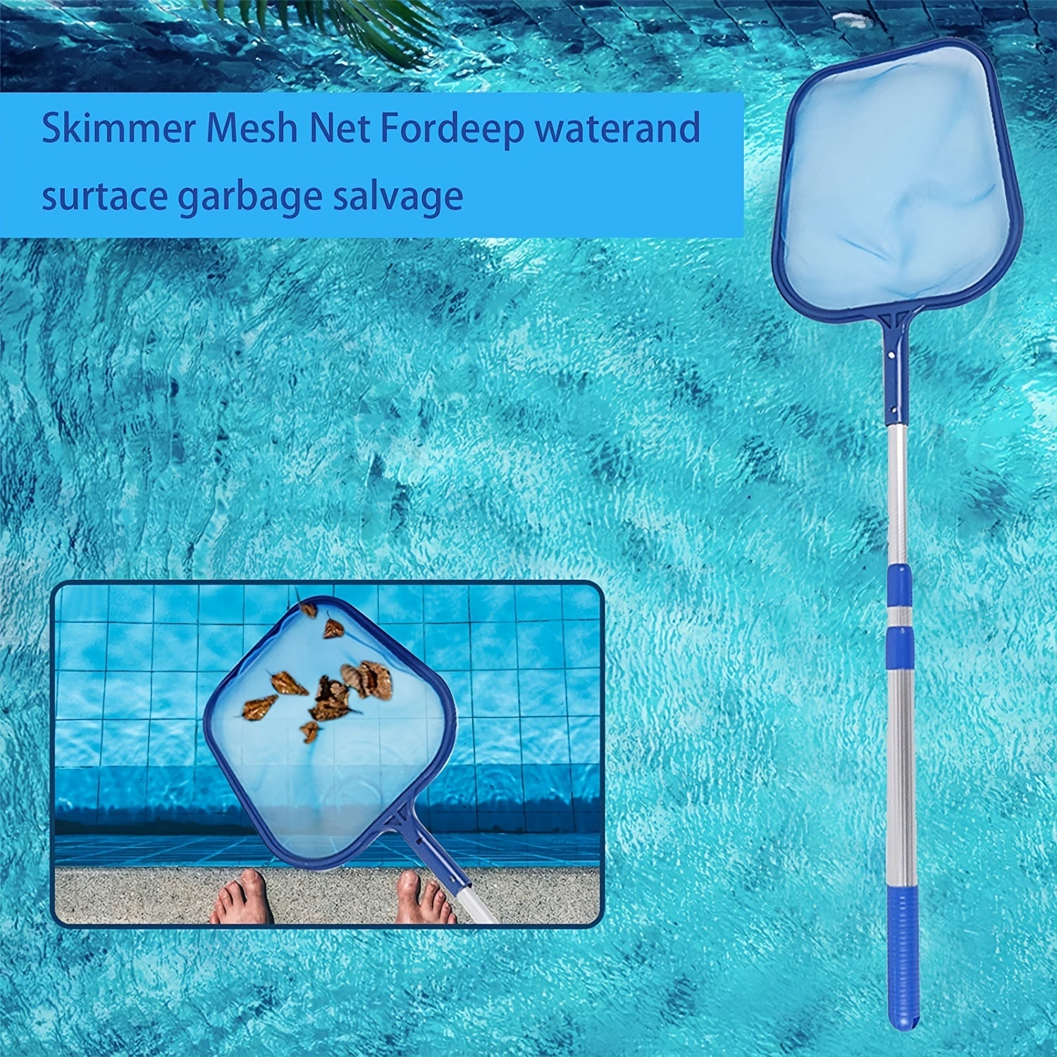Pool Skimmer Net with Telescopic Pole - Fine Mesh Rake for Swimming Pool