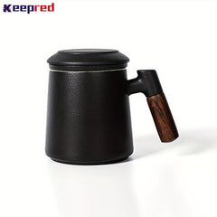 Ceramic Coffee Mug with Stainless Steel Filter and Wood Handle