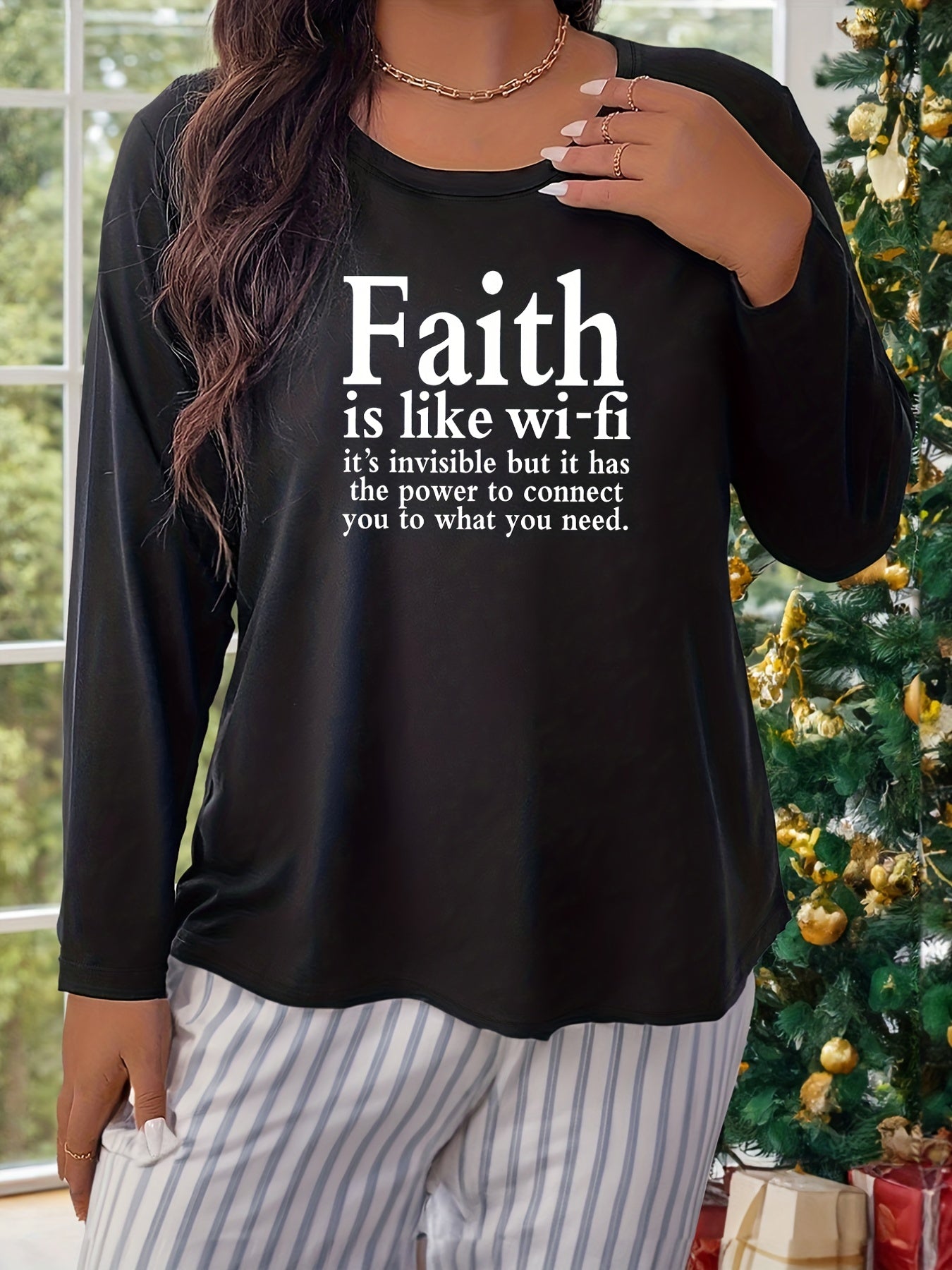 Lounge Top Women's Plus Slogan Print Long Sleeve