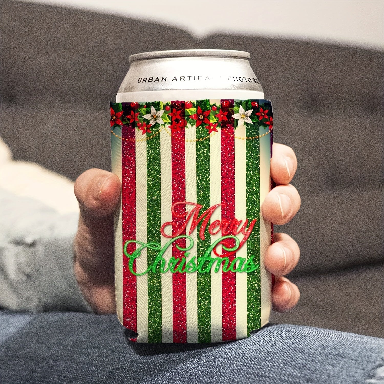 Colorful Vertical Stripes Neoprene Can Cooler - Merry Christmas Print