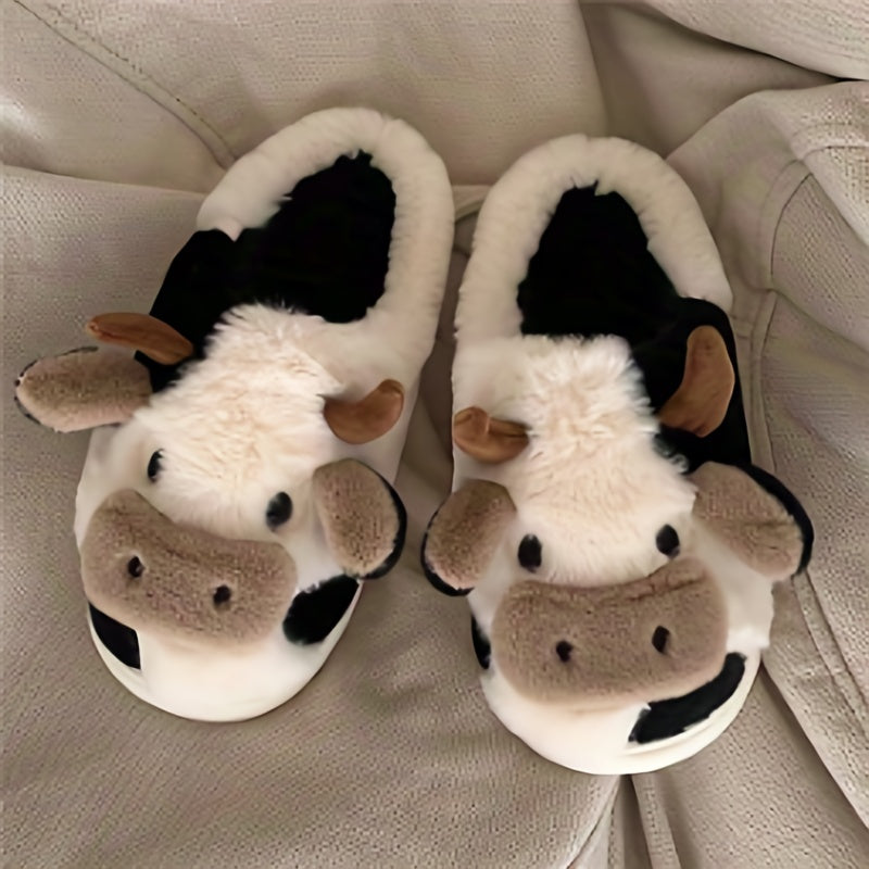 Funny Cartoon Cow Slippers Plush Lined Platform Slides