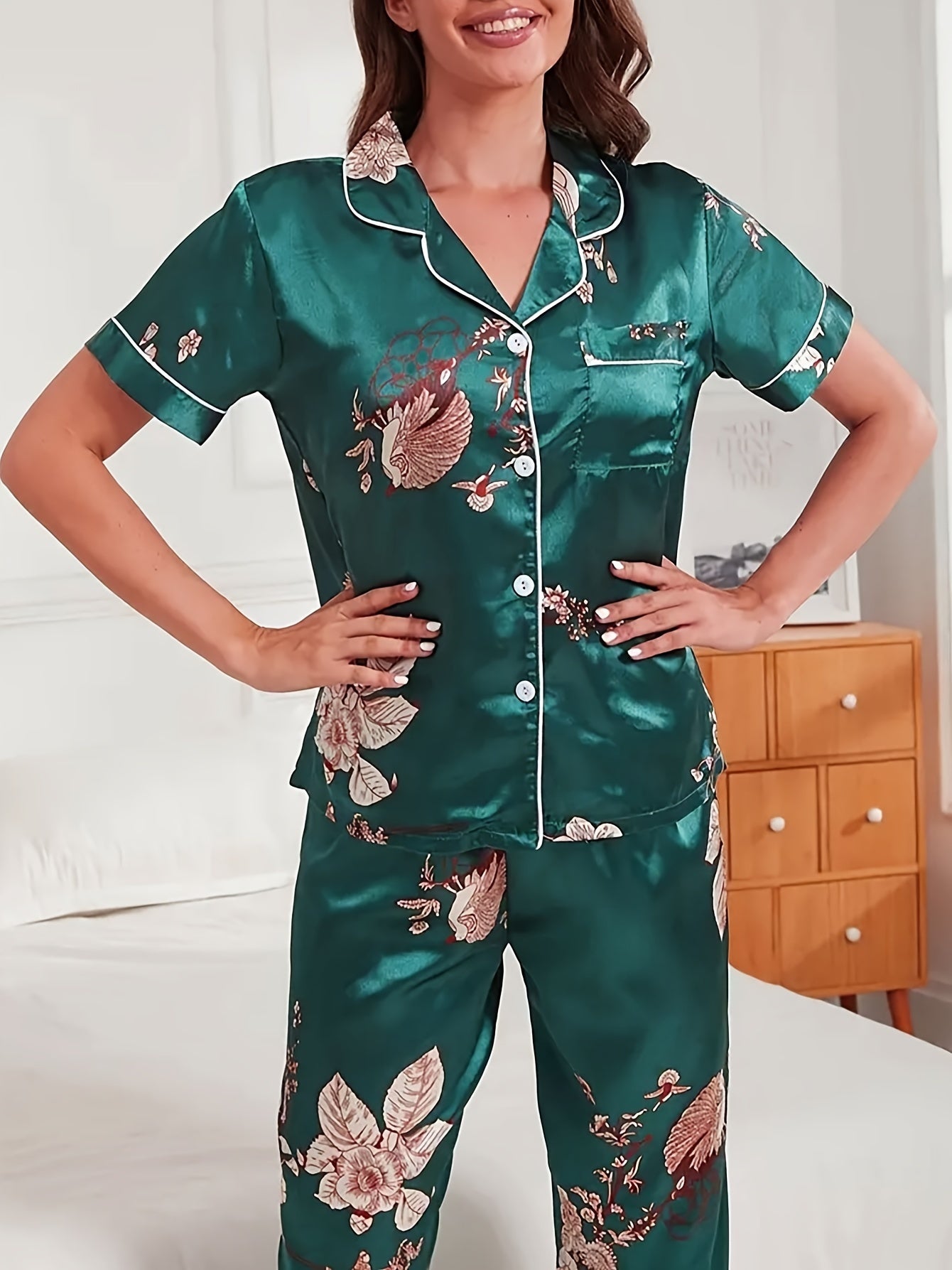 Floral Print Pajama Set Short Sleeve Top & Pants Women's Sleepwear