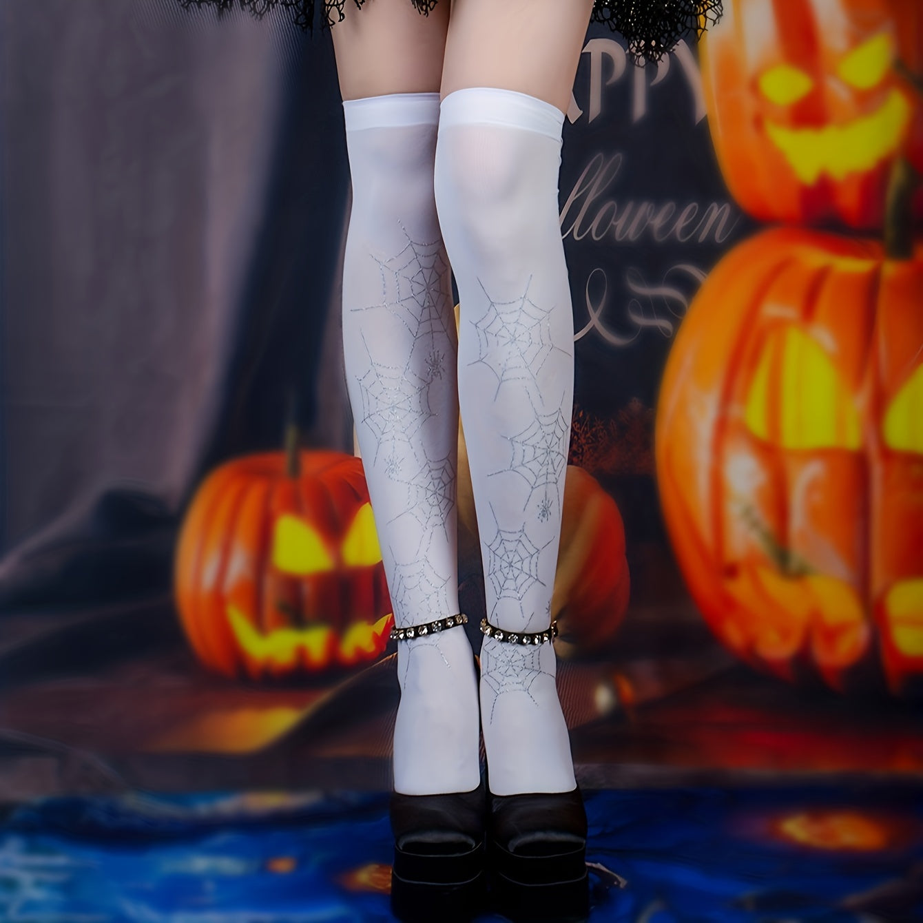 Spider Web Print Over The Knee Socks