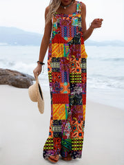 Hippie Patchwork Overall Jumpsuit Boho Sleeveless Wide Leg Jumpsuit